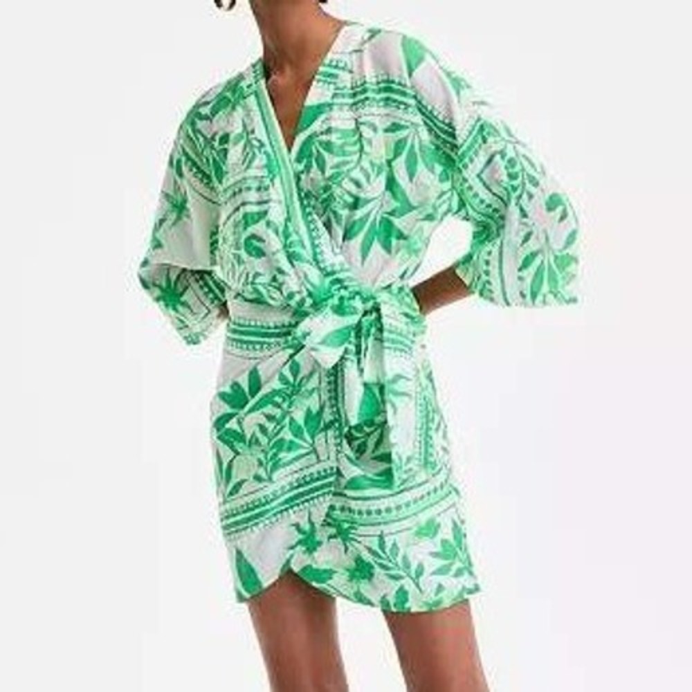 INC Green White Tropical Resort Wrap Mini Dress Womens XS Boho Coastal Preppy